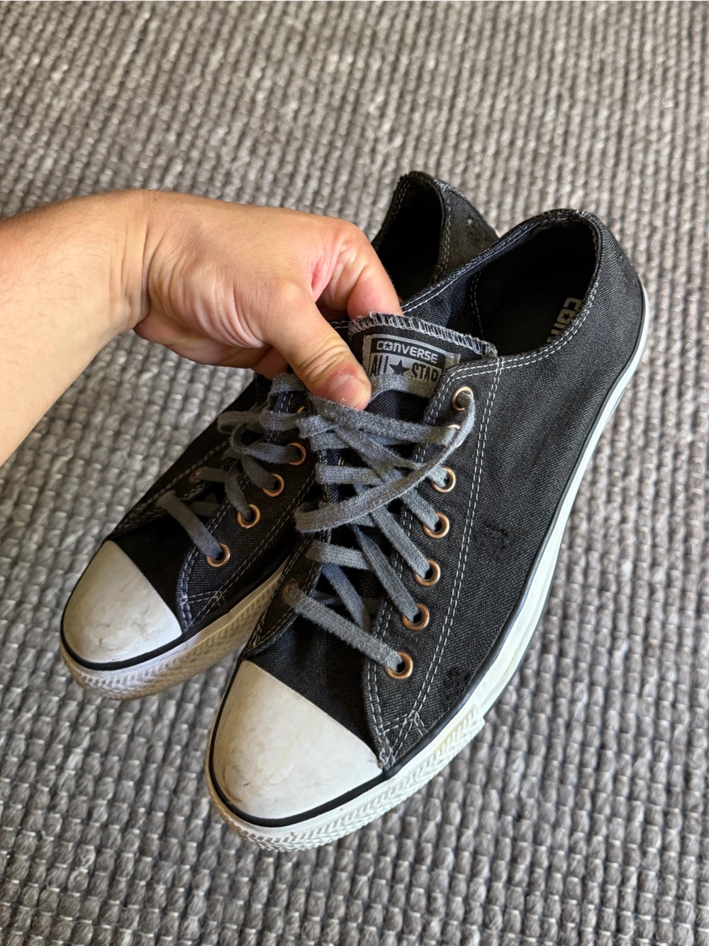 Converse Low Top Canvas Sneakers - Black Distressed Denim with White Toe Cap